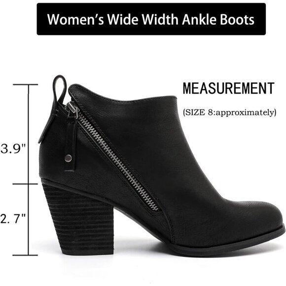 Women's Black Wide Width Ankle Mid Heel Side Zipper Booties. - Picture 4 of 7
